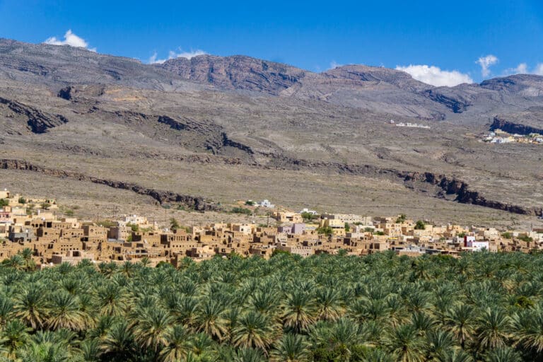 Uitzicht over palmbomen, leemhuisjes, bergen en een blauwe lucht bij Al Hamra in Oman