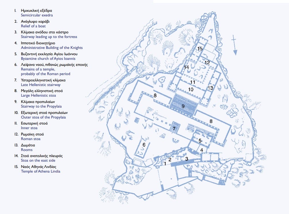 Plattegrond met daarop alle bezienswaardigheden van de Akropolis van Lindos