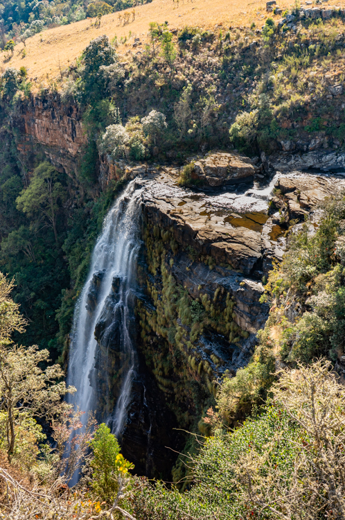 Indrukwekkend uitzicht op de Lisbon Falls, een van de hoogste watervallen en hoogtepunten langs de Panoramaroute in Zuid-Afrika, waar het water vanaf een steile klif naar beneden stort te midden van weelderige vegetatie.
