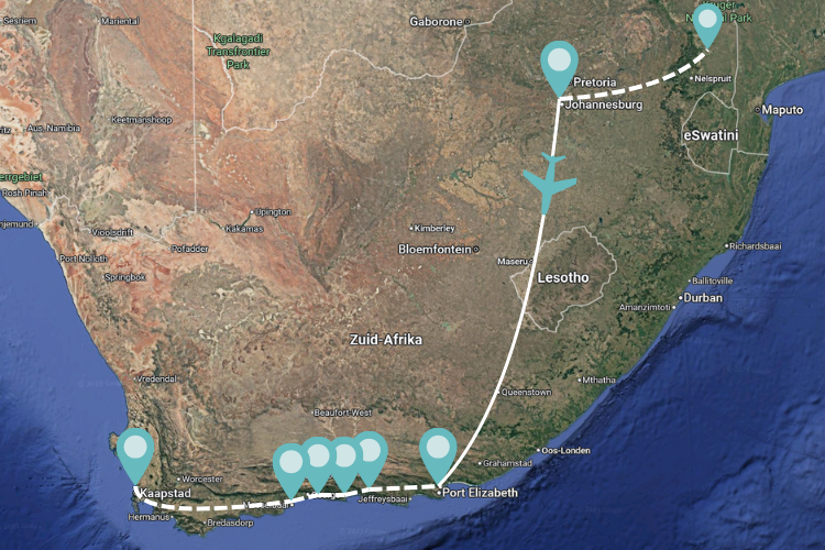 Kaart rondreis Zuid Afrika