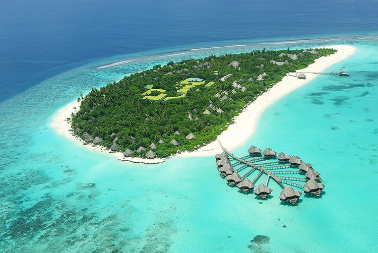 Tropisch eiland met watervilla's op de Malediven 
