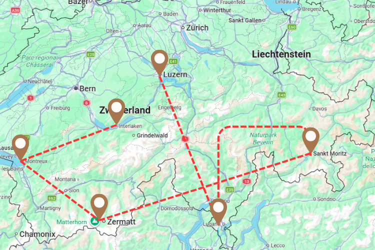 Treinreis Zwitserland route kaart