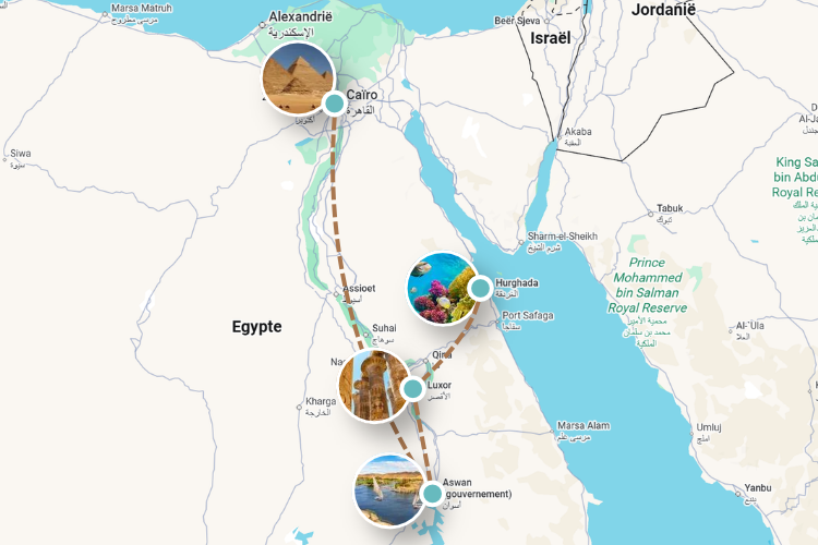 Kaart rondreis Egypte